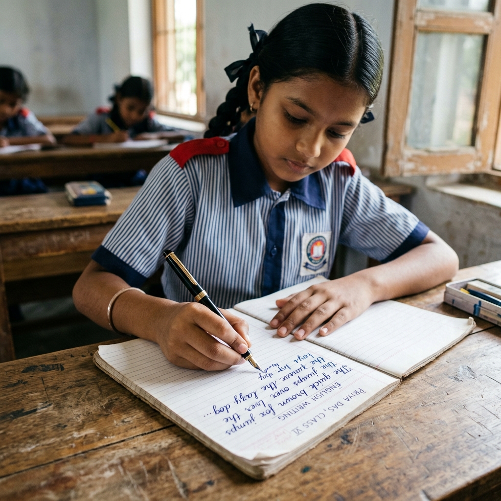 Indian student practicing handwriting